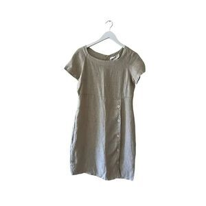 Lavinia Al Temple Linen Beige crew neck Short Sleeves Faux Side Buttons L # 1914
